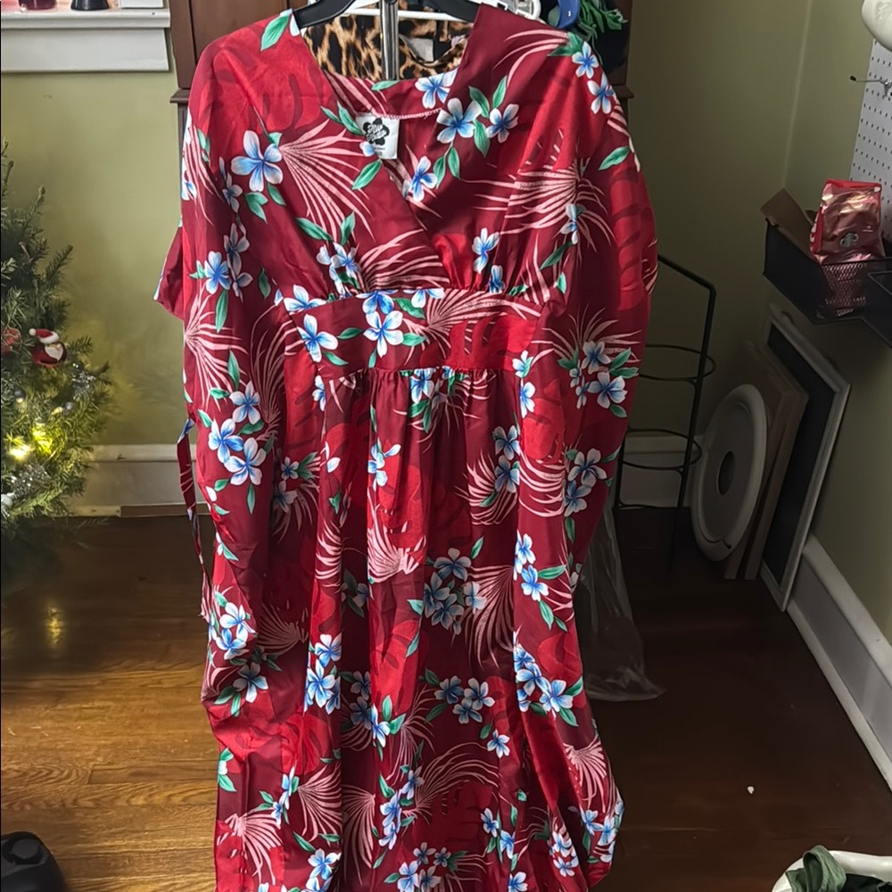 Hilo Hattie Scarlet and Azure Floral Maxi Dress (Caftan)